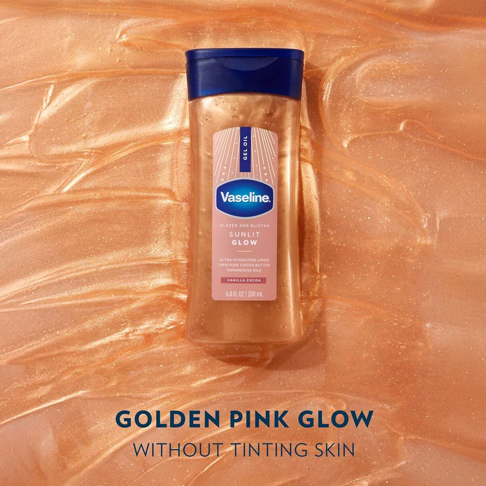 VASELINE - Glazed & Glisten Sunlit Glow Body Gel Oil - Vanilla Cocoa Shimmering Moisturizing Body Oil - 200ml