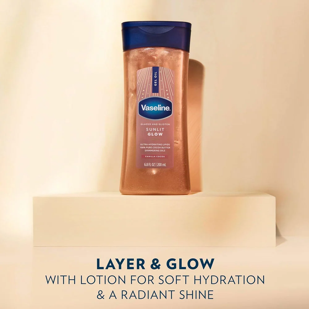 VASELINE -  Glazed & Glisten Sunlit Glow Body Gel Oil - Vanilla Cocoa Shimmering Moisturizing Body Oil - 200ml